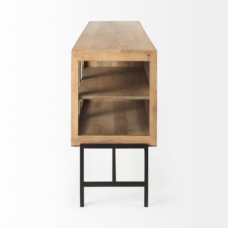Arelius 70L x 18.75W x 32H Light Brown Wood, Black Metal Base w/ 4 Glass Cabinet Doors Sideboard from Mercana - Luna Furniture