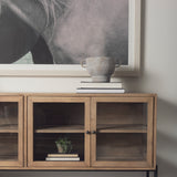 Arelius 70L x 18.75W x 32H Light Brown Wood, Black Metal Base w/ 4 Glass Cabinet Doors Sideboard from Mercana - Luna Furniture