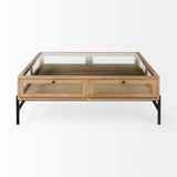 Arelius 42" Square Glass-Top Light Brown w/ Black Metal Base Display Coffee Table from Mercana - Luna Furniture