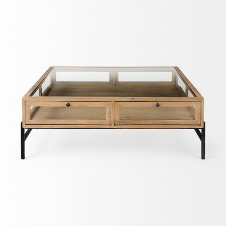 Arelius 42" Square Glass-Top Light Brown w/ Black Metal Base Display Coffee Table from Mercana - Luna Furniture