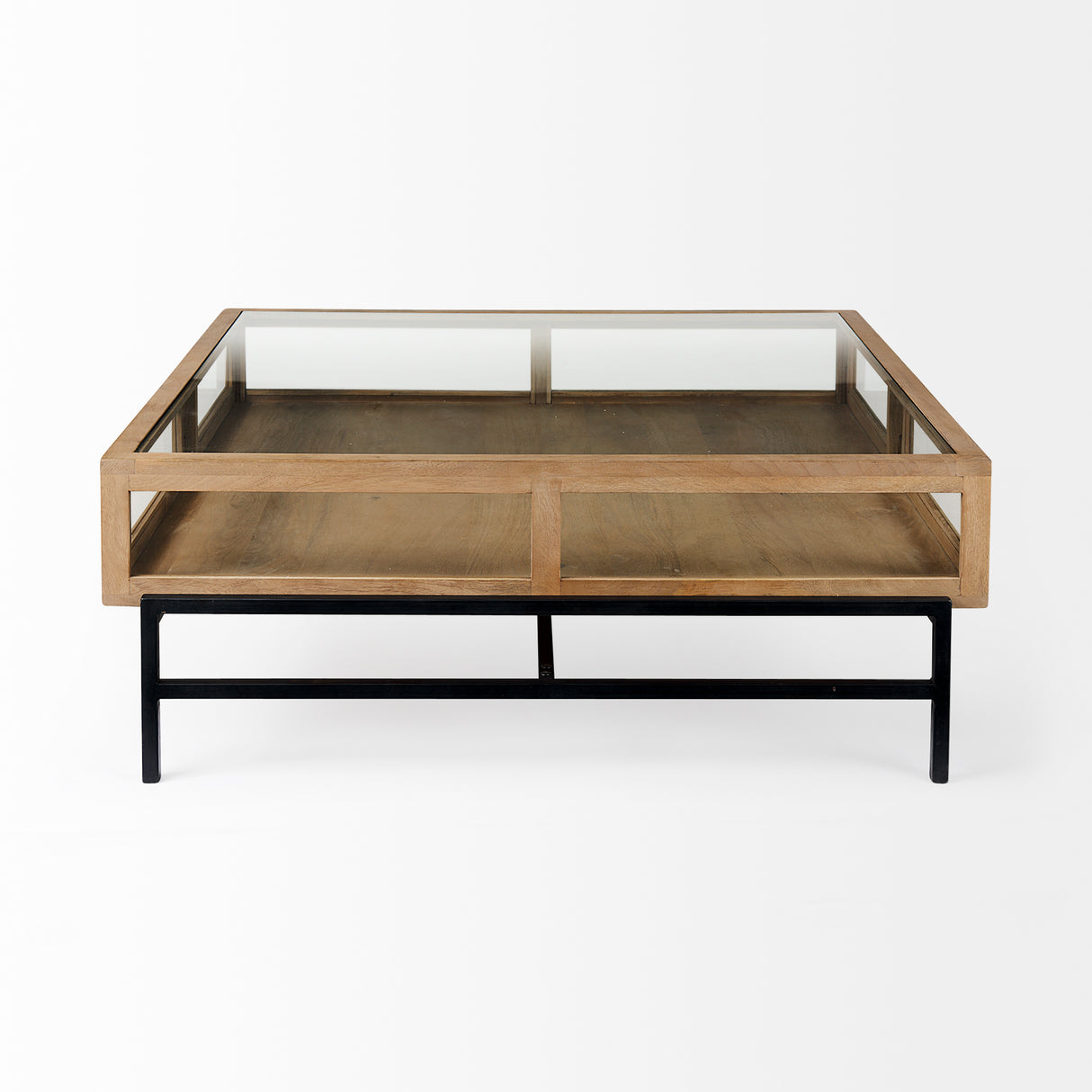 Arelius 42" Square Glass-Top Light Brown w/ Black Metal Base Display Coffee Table from Mercana - Luna Furniture