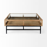 Arelius 42" Square Glass-Top Light Brown w/ Black Metal Base Display Coffee Table from Mercana - Luna Furniture