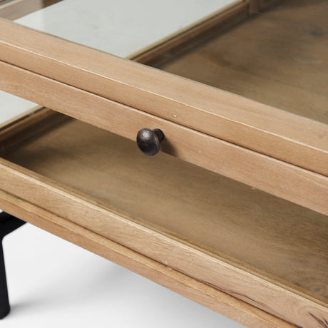 Arelius 42" Square Glass-Top Light Brown w/ Black Metal Base Display Coffee Table from Mercana - Luna Furniture