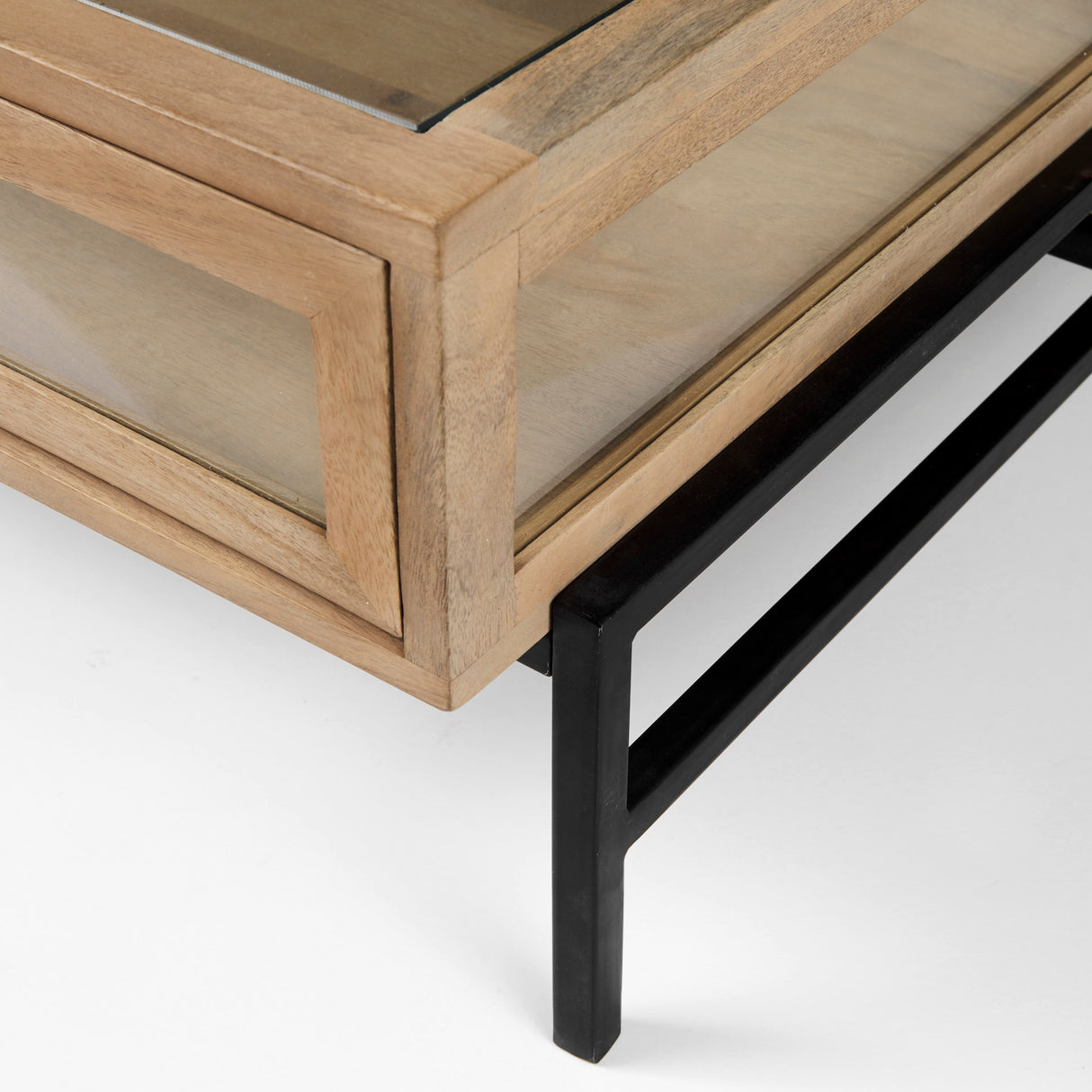 Arelius 42" Square Glass-Top Light Brown w/ Black Metal Base Display Coffee Table from Mercana - Luna Furniture