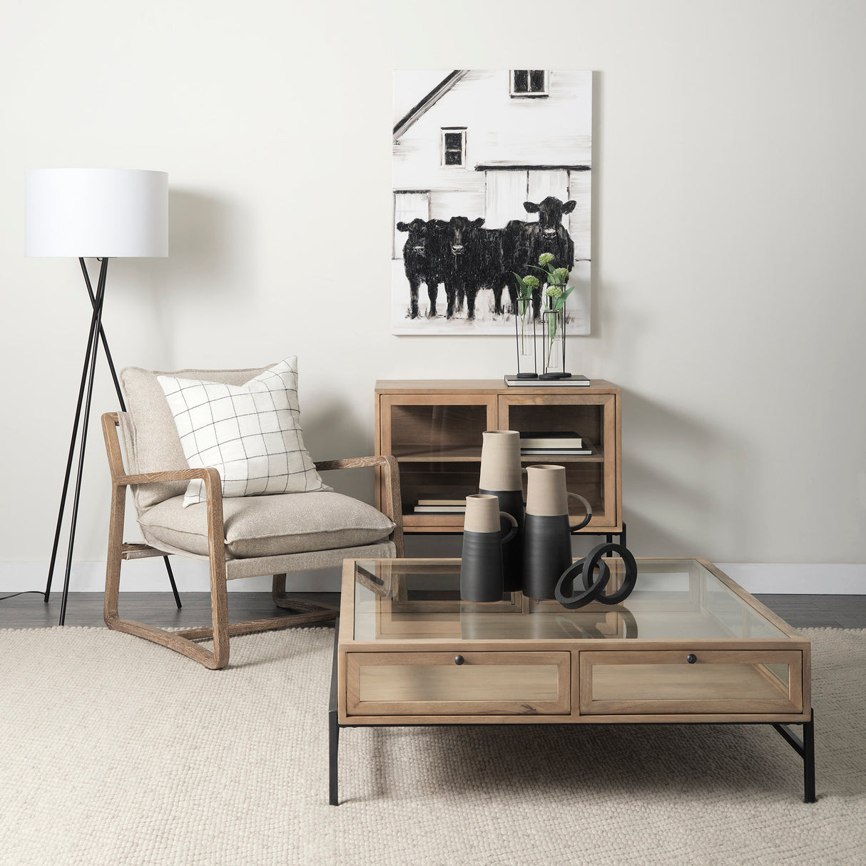 Arelius 42" Square Glass-Top Light Brown w/ Black Metal Base Display Coffee Table from Mercana - Luna Furniture