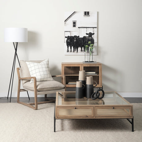 Arelius 36L x 18W x 32H Light Brown Wood, Black Metal Base w/ 2 Glass Doors Accent Cabinet from Mercana - Luna Furniture
