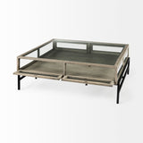Arelius 42" Square Glass-Top Gray Wood w/ Black Metal Base Display Coffee Table from Mercana - Luna Furniture