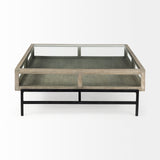 Arelius 42" Square Glass-Top Gray Wood w/ Black Metal Base Display Coffee Table from Mercana - Luna Furniture