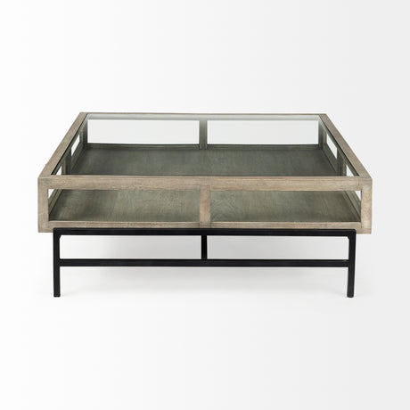 Arelius 42" Square Glass-Top Gray Wood w/ Black Metal Base Display Coffee Table from Mercana - Luna Furniture