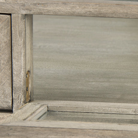 Arelius 42" Square Glass-Top Gray Wood w/ Black Metal Base Display Coffee Table from Mercana - Luna Furniture