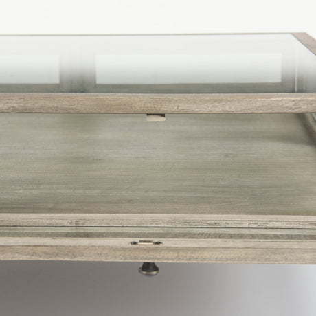 Arelius 42" Square Glass-Top Gray Wood w/ Black Metal Base Display Coffee Table from Mercana - Luna Furniture
