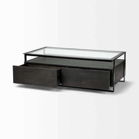 Vidro 54x30 Rectangular Glass Top Black Solid Wood Drawers & Black Frame Coffee Table from Mercana - Luna Furniture