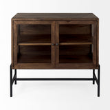 Arelius 36L x 18W x 32H Medium Brown Wood, Black Metal Base w/ 2 Glass Doors Accent Cabinet from Mercana - Luna Furniture
