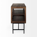 Arelius 36L x 18W x 32H Medium Brown Wood, Black Metal Base w/ 2 Glass Doors Accent Cabinet from Mercana - Luna Furniture