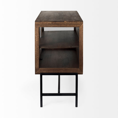 Arelius 36L x 18W x 32H Medium Brown Wood, Black Metal Base w/ 2 Glass Doors Accent Cabinet from Mercana - Luna Furniture