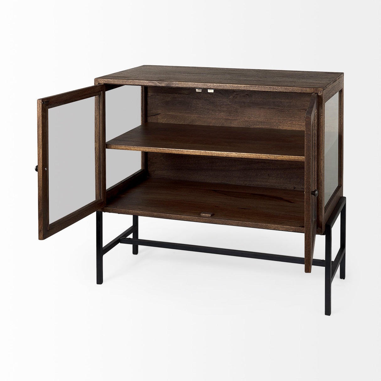 Arelius 36L x 18W x 32H Medium Brown Wood, Black Metal Base w/ 2 Glass Doors Accent Cabinet from Mercana - Luna Furniture
