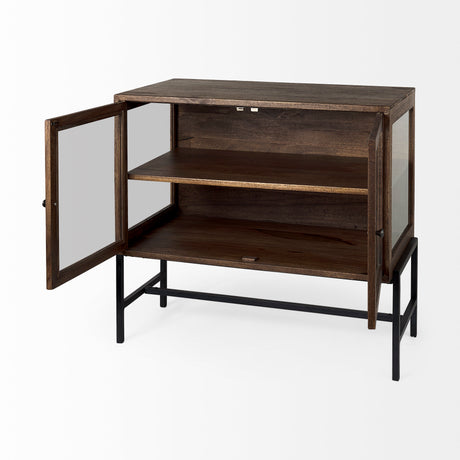 Arelius 36L x 18W x 32H Medium Brown Wood, Black Metal Base w/ 2 Glass Doors Accent Cabinet from Mercana - Luna Furniture