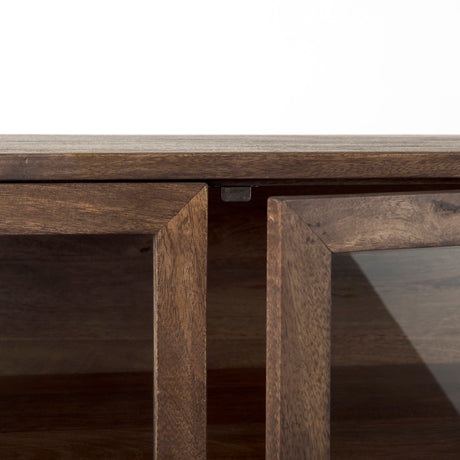 Arelius 36L x 18W x 32H Medium Brown Wood, Black Metal Base w/ 2 Glass Doors Accent Cabinet from Mercana - Luna Furniture
