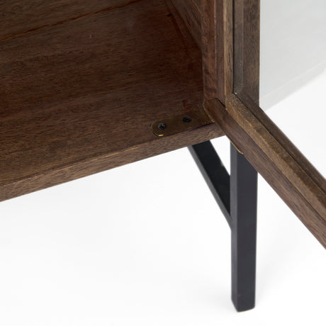 Arelius 36L x 18W x 32H Medium Brown Wood, Black Metal Base w/ 2 Glass Doors Accent Cabinet from Mercana - Luna Furniture