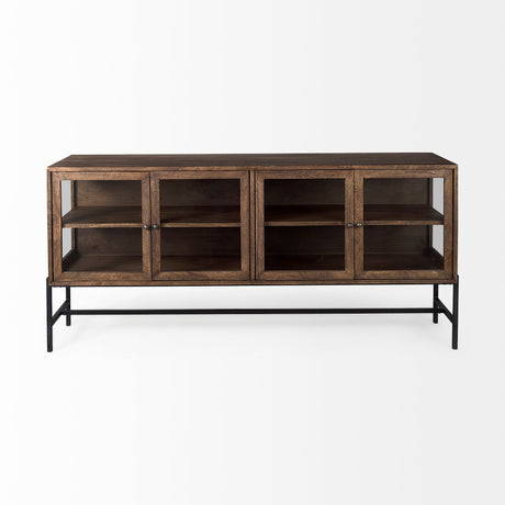 Arelius 70L x 18.75W x 32H Medium Brown, Black Metal Base w/ 4 Glass Door Cabinets Sideboard from Mercana - Luna Furniture
