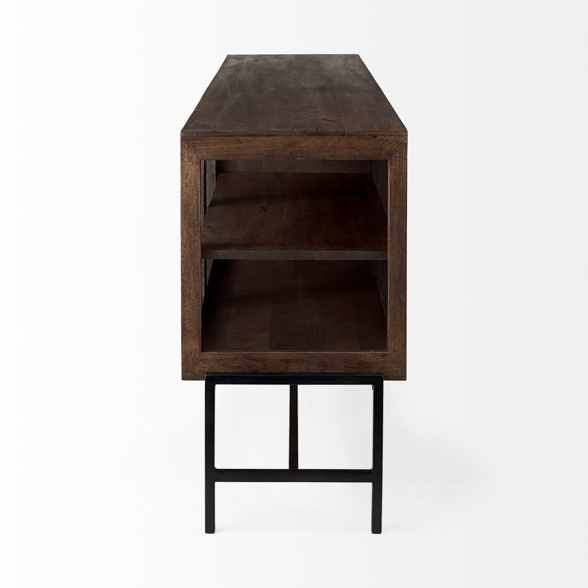 Arelius 70L x 18.75W x 32H Medium Brown, Black Metal Base w/ 4 Glass Door Cabinets Sideboard from Mercana - Luna Furniture