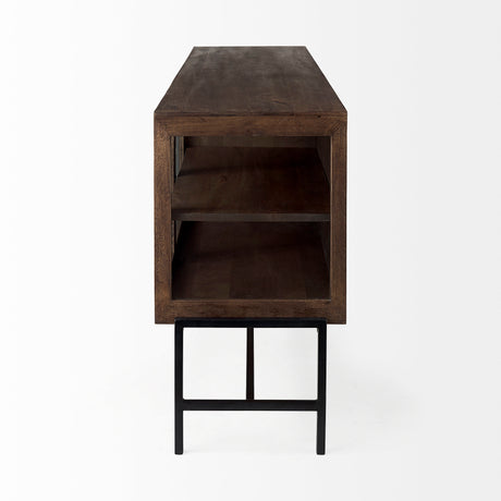 Arelius 70L x 18.75W x 32H Medium Brown, Black Metal Base w/ 4 Glass Door Cabinets Sideboard from Mercana - Luna Furniture