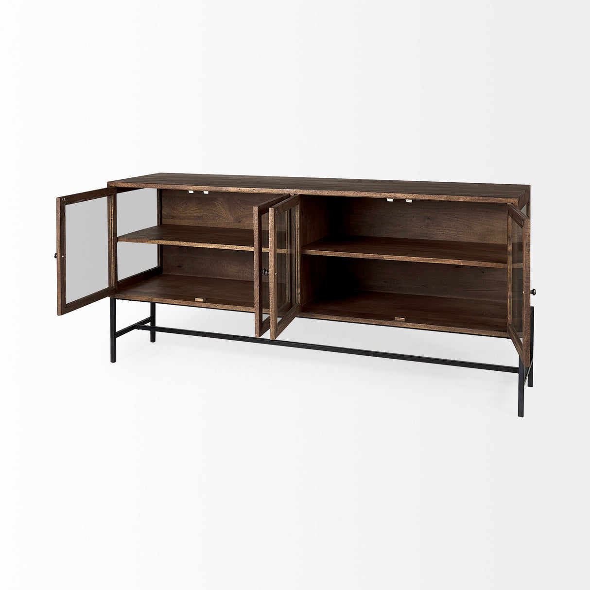 Arelius 70L x 18.75W x 32H Medium Brown, Black Metal Base w/ 4 Glass Door Cabinets Sideboard from Mercana - Luna Furniture