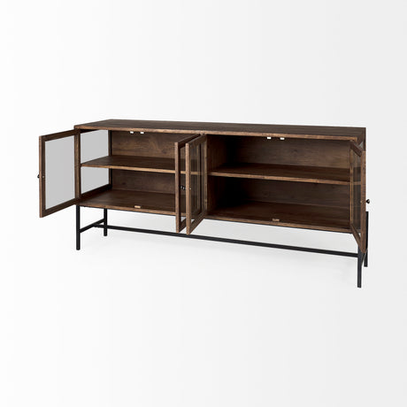Arelius 70L x 18.75W x 32H Medium Brown, Black Metal Base w/ 4 Glass Door Cabinets Sideboard from Mercana - Luna Furniture