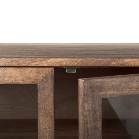 Arelius 70L x 18.75W x 32H Medium Brown, Black Metal Base w/ 4 Glass Door Cabinets Sideboard from Mercana - Luna Furniture