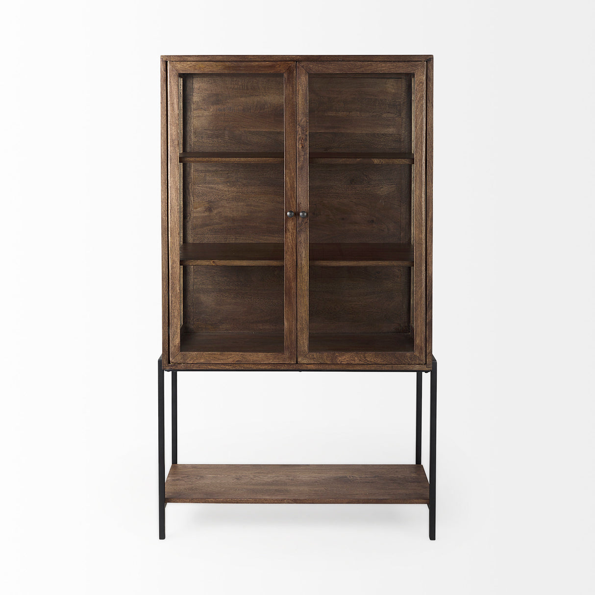 Arelius 36L x 18.75W x 63H Medium Brown Wood W/ Black Metal Base Display Cabinet from Mercana - Luna Furniture