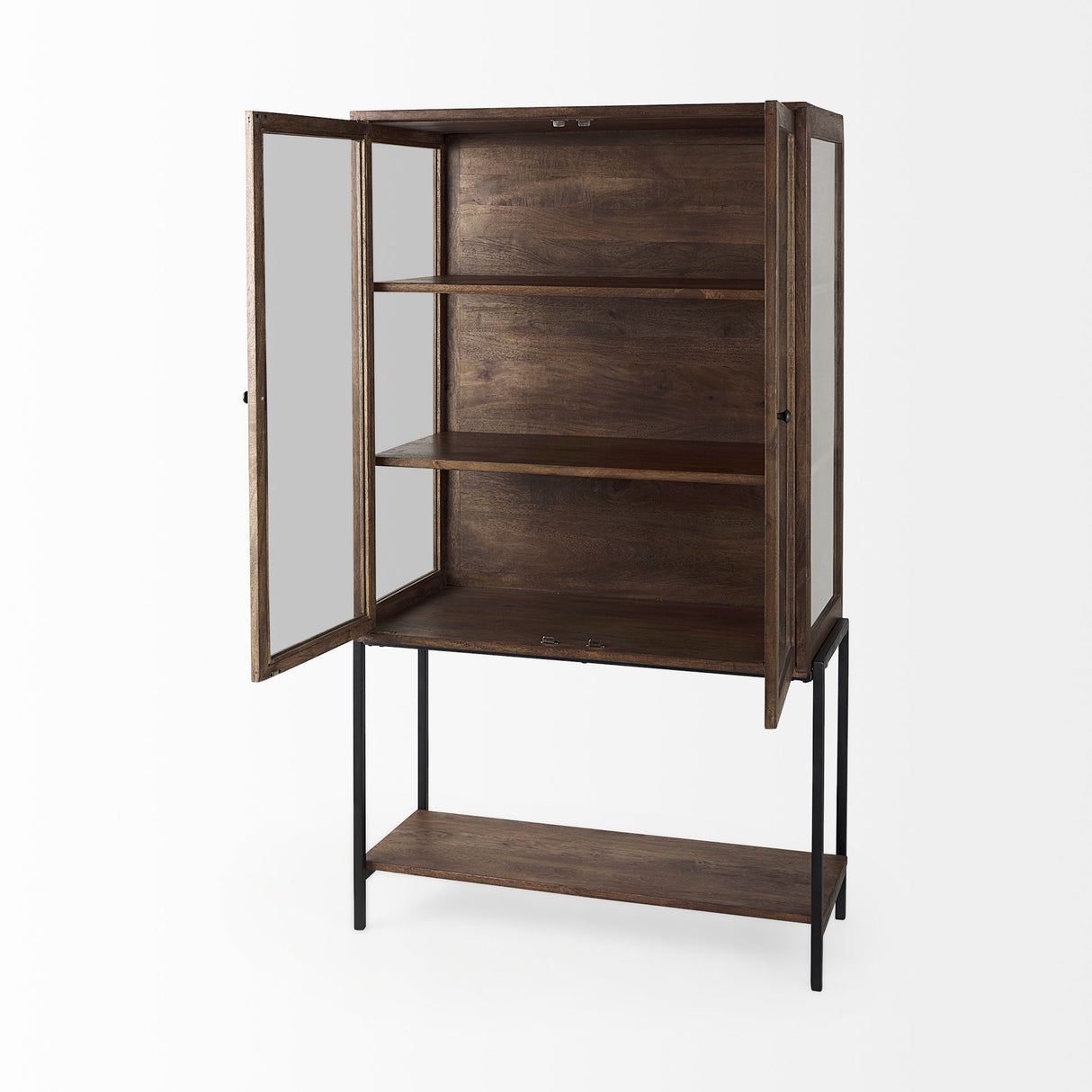 Arelius 36L x 18.75W x 63H Medium Brown Wood W/ Black Metal Base Display Cabinet from Mercana - Luna Furniture