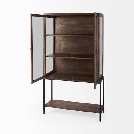 Arelius 36L x 18.75W x 63H Medium Brown Wood W/ Black Metal Base Display Cabinet from Mercana - Luna Furniture