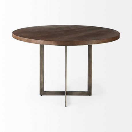 Faye I 48L x 48W x 30H Medium Brown Wood W/Antique Nickel Metal Base Round Dining Table from Mercana - Luna Furniture
