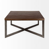 Faye 34L x 34W x 17H Medium Brown Wood W/Antique Nickel Metal Base Square Coffee Table from Mercana - Luna Furniture