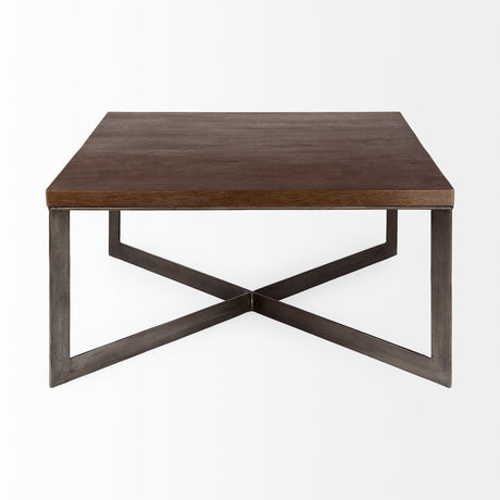 Faye 34L x 34W x 17H Medium Brown Wood W/Antique Nickel Metal Base Square Coffee Table from Mercana - Luna Furniture