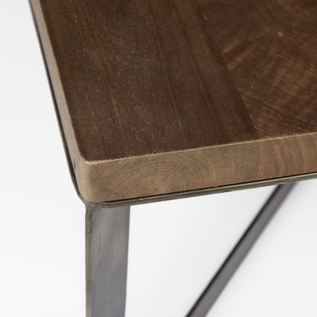 Faye 34L x 34W x 17H Medium Brown Wood W/Antique Nickel Metal Base Square Coffee Table from Mercana - Luna Furniture