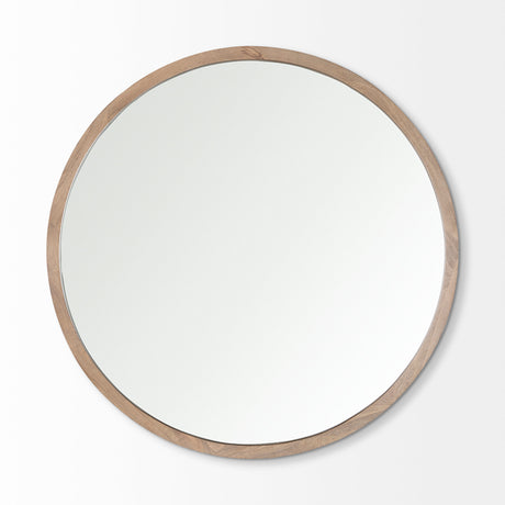 Gambit 46" Round Light Brown Wood Frame Wall Mirror from Mercana - Luna Furniture