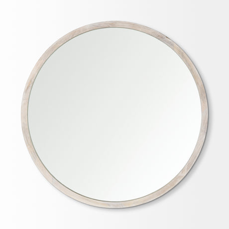 Gambit 46" Round White Wash Wood Frame Wall Mirror from Mercana - Luna Furniture