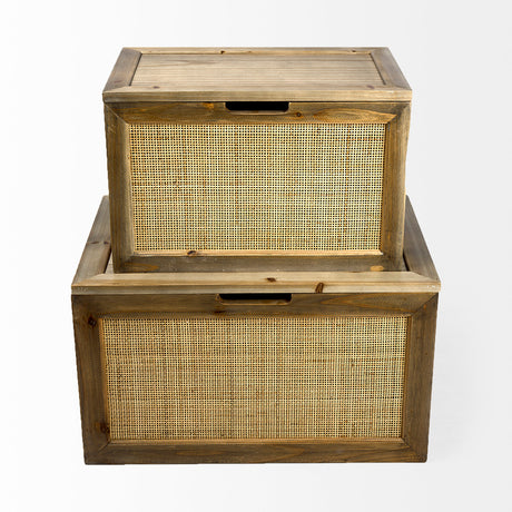 Sonny 23.6L x 15.7W x 13.8H Set of Two Brown Wood and Wicker W/ Metal Detail Rectangular Boxes from Mercana - Luna Furniture