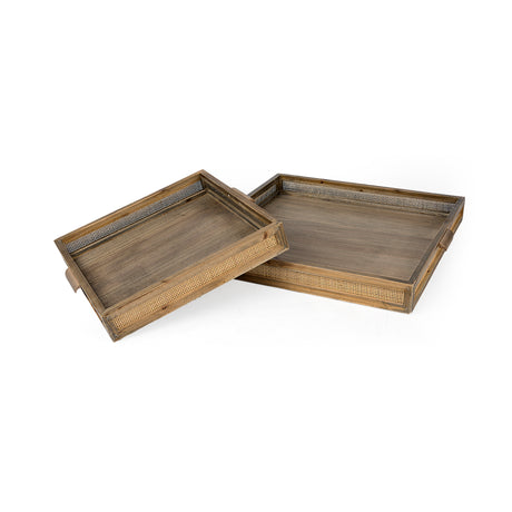 Sonny 23.6L x 23.6W x 2.0H Set of Two Brown Wood and Wicker Square Trays from Mercana - Luna Furniture