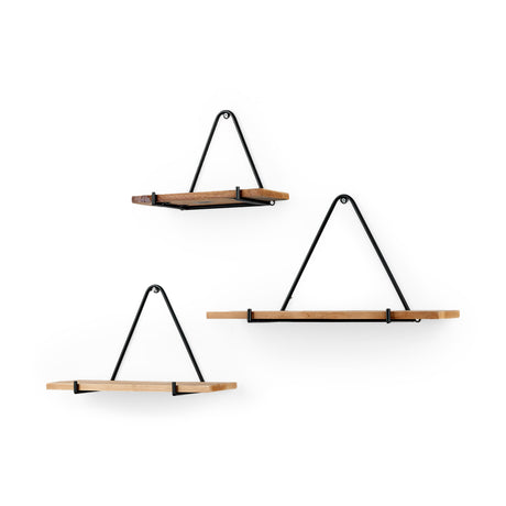 Khufu 18.9L x 5.5W x 10.2H Set of Three Brown Wood W/ Black Metal Triangular Hanging Shelves from Mercana - Luna Furniture