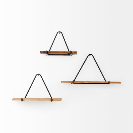 Khufu 18.9L x 5.5W x 10.2H Set of Three Brown Wood W/ Black Metal Triangular Hanging Shelves from Mercana - Luna Furniture