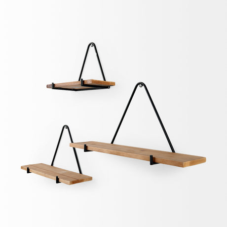 Khufu 18.9L x 5.5W x 10.2H Set of Three Brown Wood W/ Black Metal Triangular Hanging Shelves from Mercana - Luna Furniture