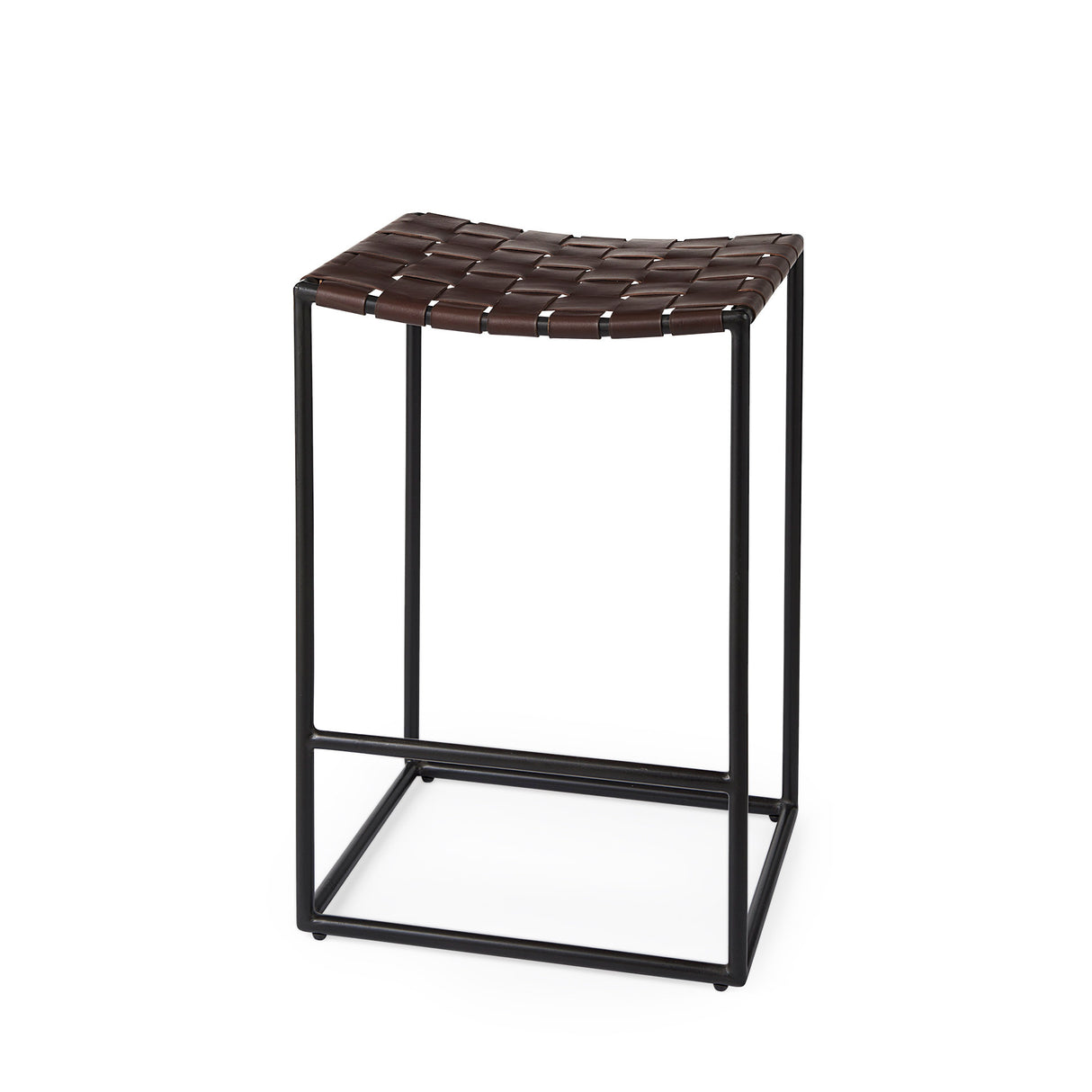 Clarissa 18.0L x 16.0W x 26.25H Dark Brown Woven Leather Seat W/ Black Iron Frame Counter Stool from Mercana - Luna Furniture