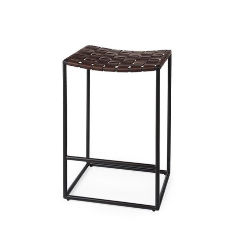 Clarissa 18.0L x 16.0W x 26.25H Dark Brown Woven Leather Seat W/ Black Iron Frame Counter Stool from Mercana - Luna Furniture
