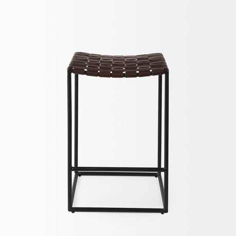 Clarissa 18.0L x 16.0W x 26.25H Dark Brown Woven Leather Seat W/ Black Iron Frame Counter Stool from Mercana - Luna Furniture