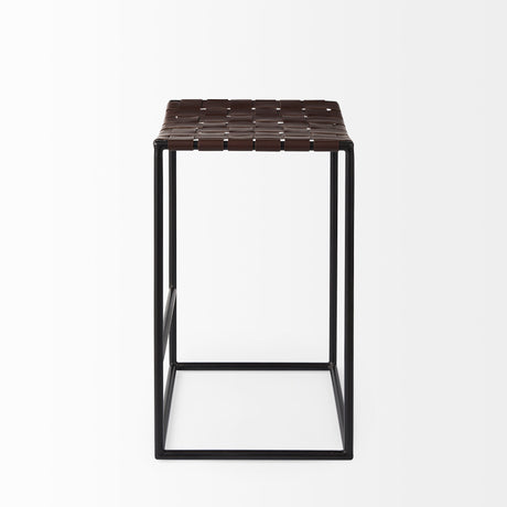 Clarissa 18.0L x 16.0W x 26.25H Dark Brown Woven Leather Seat W/ Black Iron Frame Counter Stool from Mercana - Luna Furniture