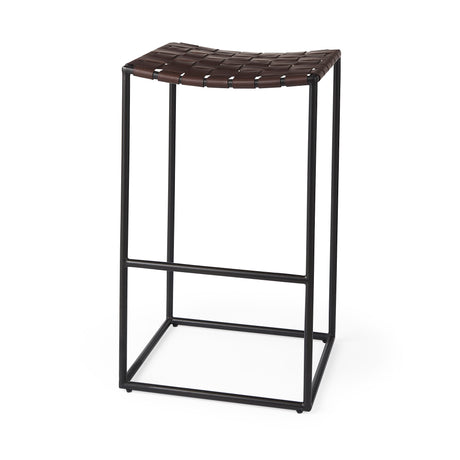 Clarissa 18.0L x 16.0W x 30.25H Dark Brown Woven Leather Seat W/ Black Metal Frame Bar Stool from Mercana - Luna Furniture