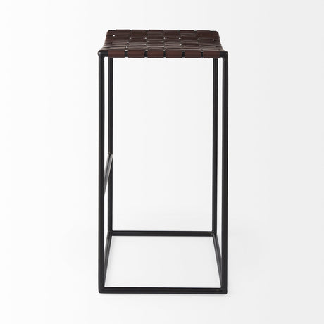 Clarissa 18.0L x 16.0W x 30.25H Dark Brown Woven Leather Seat W/ Black Metal Frame Bar Stool from Mercana - Luna Furniture