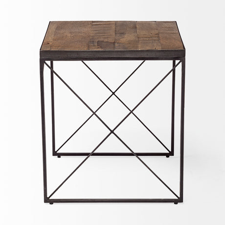 Trestman II 24" x 22.5" Square Top Medium Brown Wood and Iron Cross Braced End/Side Table from Mercana - Luna Furniture